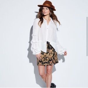 Free People Winter Warrior Brocade Mini Skirt 0 Gold Metallic Floral Leather